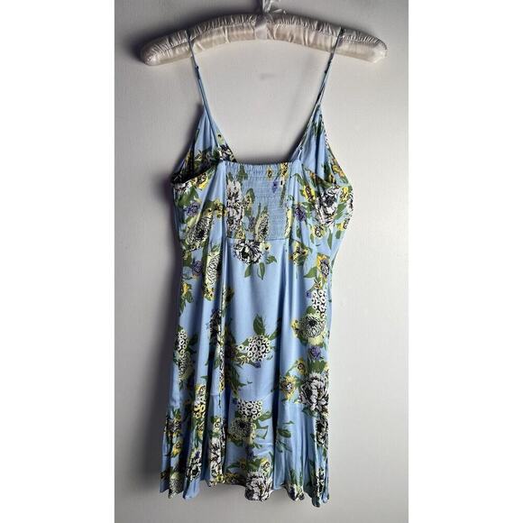 Free People Happy Heart Baby Blue Floral Ruched Mini Dress Size XS Stretch Smock - Picture 3 of 10